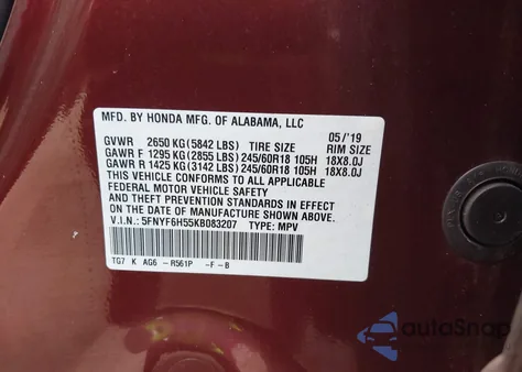 2019 Honda Pilot Ex-L z USA, uszkodzony, nr VIN 5FNYF6H55KB083207